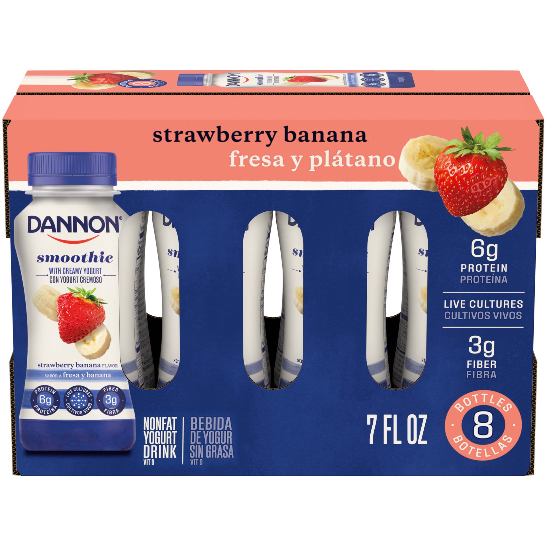 slide 1 of 8, Dannon Nonfat Yogurt Smoothie, Strawberry Banana, 7 fl oz., 8 Pack, 7 fl oz