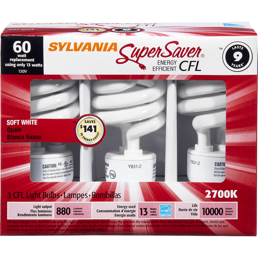 slide 1 of 1, Sylvania Super Saver Cfl Light Bulbs, Energy Efficient, Soft White, 3 ct