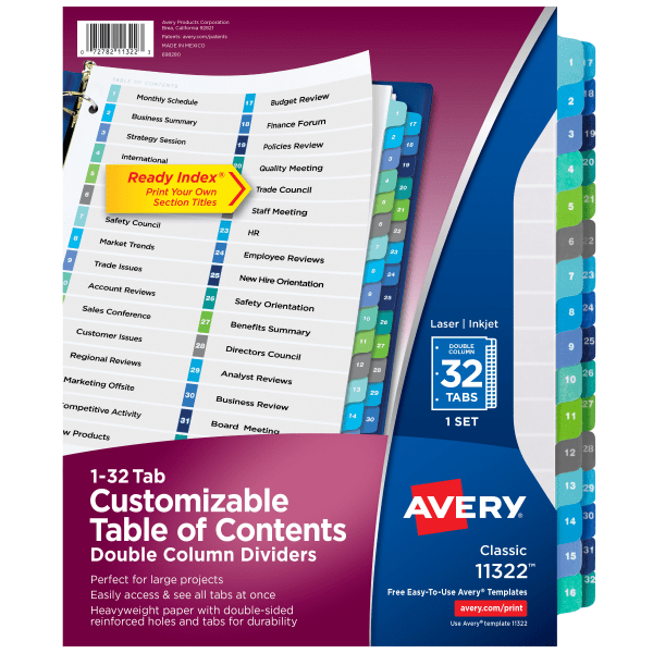 slide 1 of 9, Avery Ready Index 20% Recycled Double-Column Table Of Contents Dividers, 32-Tab, 1 ct