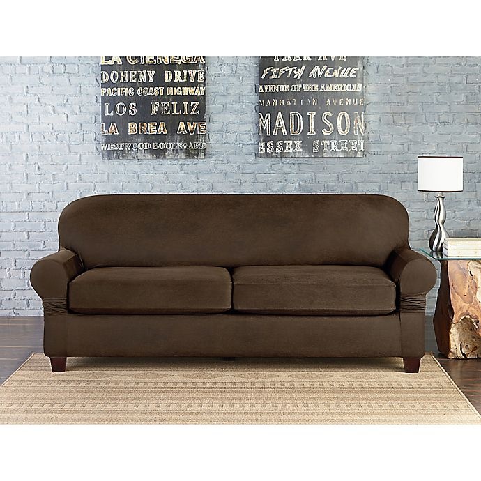 slide 1 of 1, SureFit Home Decor Vintage Faux Leather Individual Cushion 2-Seat Sofa Slipcover - Brown, 1 ct