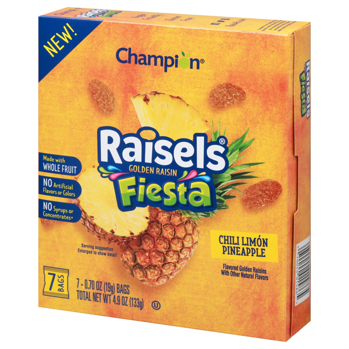 slide 4 of 10, Champion Raisels Fiesta Chili Limon Pineapple Golden Raisin 7 - 0.70 oz ea, 7 ct