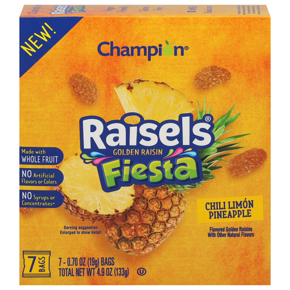 slide 1 of 10, Champion Raisels Fiesta Chili Limon Pineapple Golden Raisin 7 - 0.70 oz ea, 7 ct