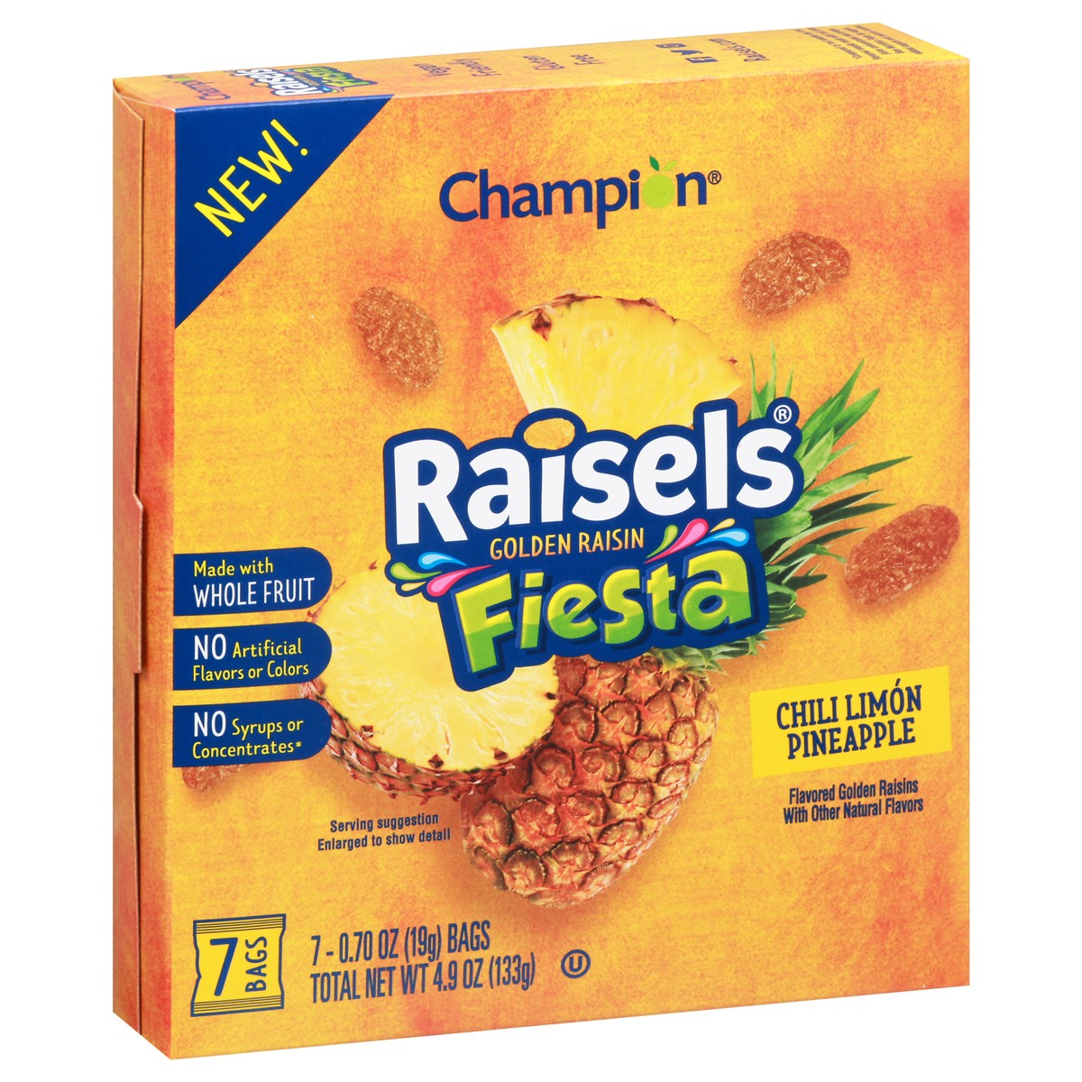 slide 2 of 10, Champion Raisels Fiesta Chili Limon Pineapple Golden Raisin 7 - 0.70 oz ea, 7 ct