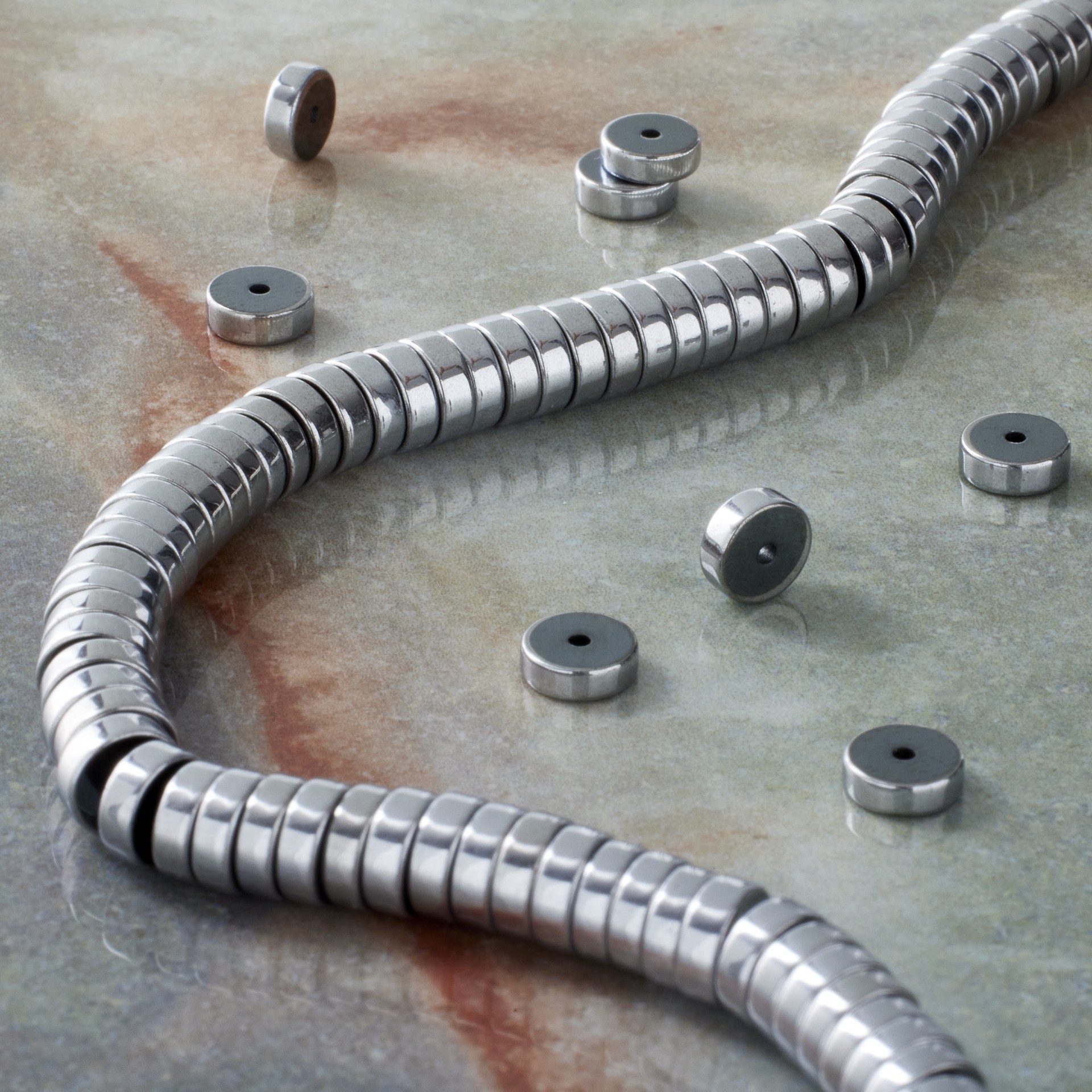 slide 3 of 3, Rhodium Hematite Heishi Beads By Bead Landing, 6 mm