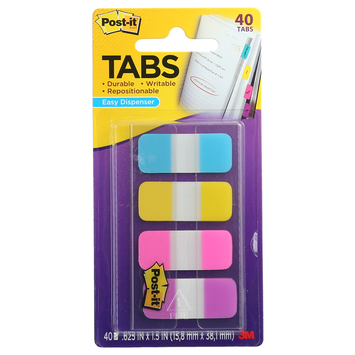 slide 1 of 3, Post-it Tabs Solid Aqua, Yellow, Pink & Violet, 4 pk; 40 ct