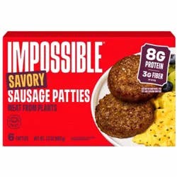 Impossible Foods Sausage Patties Savory Plant Based, Frozen, Fully Cooked, 6 Patties, 7.2 Oz - 7.2 Oz