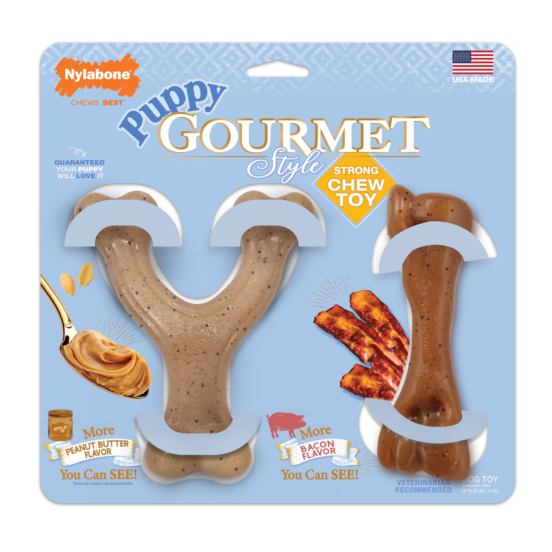 slide 1 of 4, Nylabone Gourmet Style Puppy Chew Toy Twin Pack Bacon, Peanut Butter Small/Regular - 2 ct, 2 ct