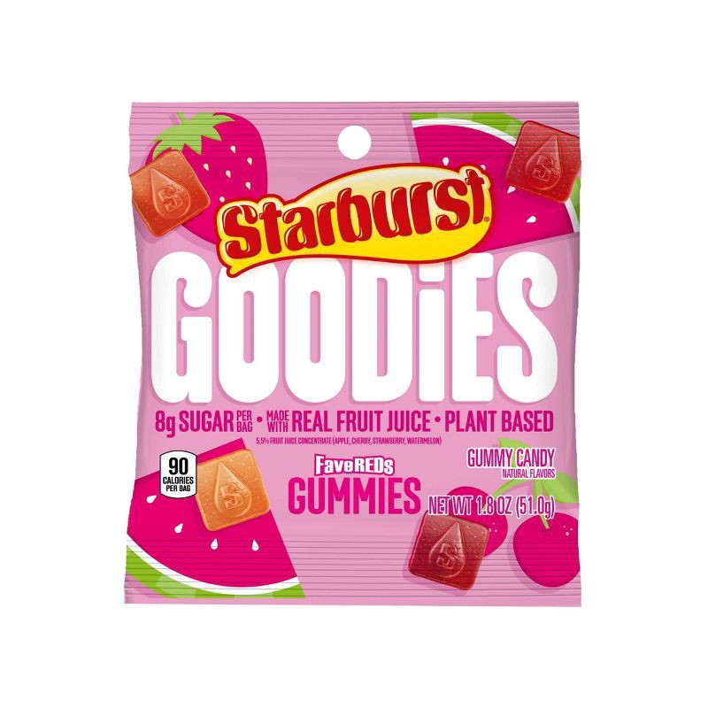 slide 1 of 7, STARBURST GOODIES FaveREDS Plant-Based Fruit Gummy Candy, 1.8 Oz Bag, 1.8 oz