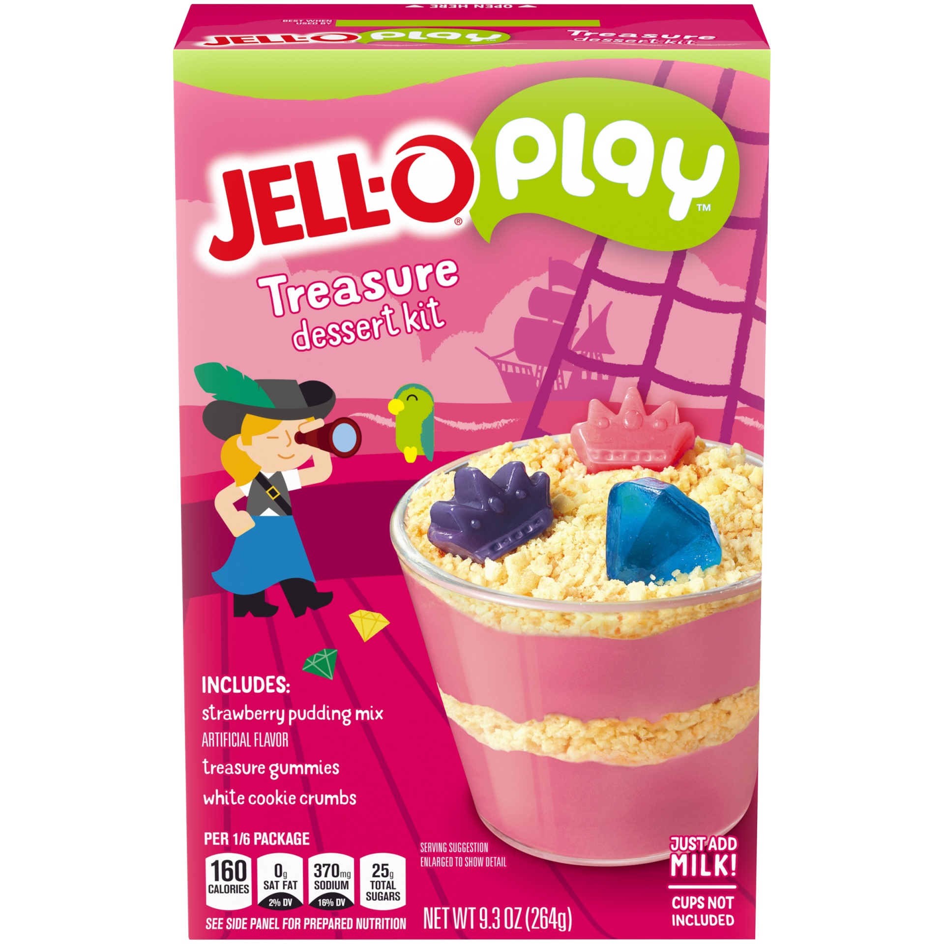 slide 1 of 6, Jell-O Play Treasure Dessert Kit with Strawberry Pudding Mix, Treasure Gummies & White Cookie Crumbs, 9.3 oz