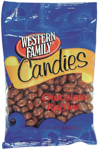 slide 1 of 1, Western Family Candies Chocolate Raisins, 7.5 oz