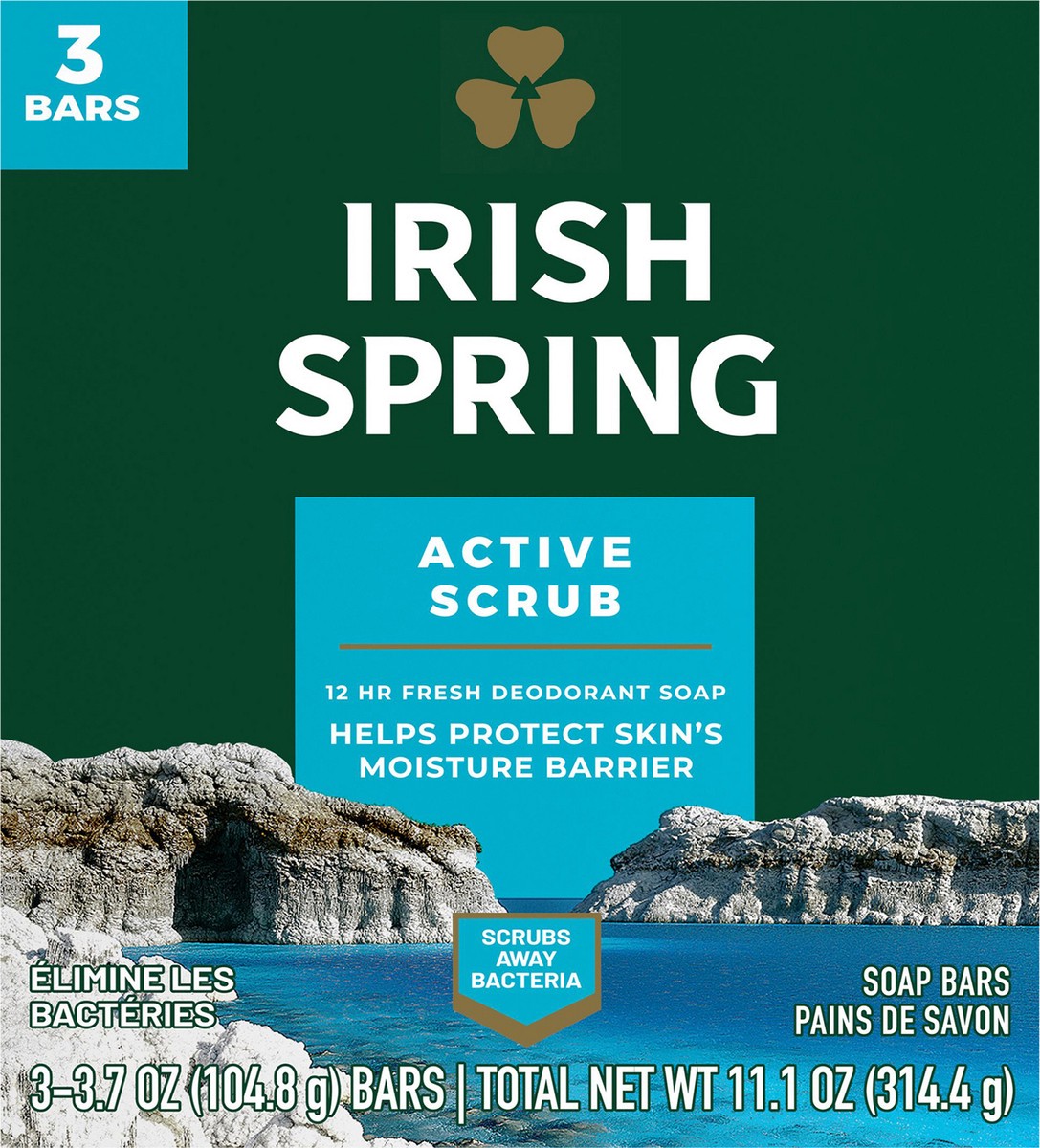 slide 4 of 7, Irish Spring Active Scrub Deodorant Bar Soap for Men, 3.7 Oz., 3 Pk., 11.2 oz