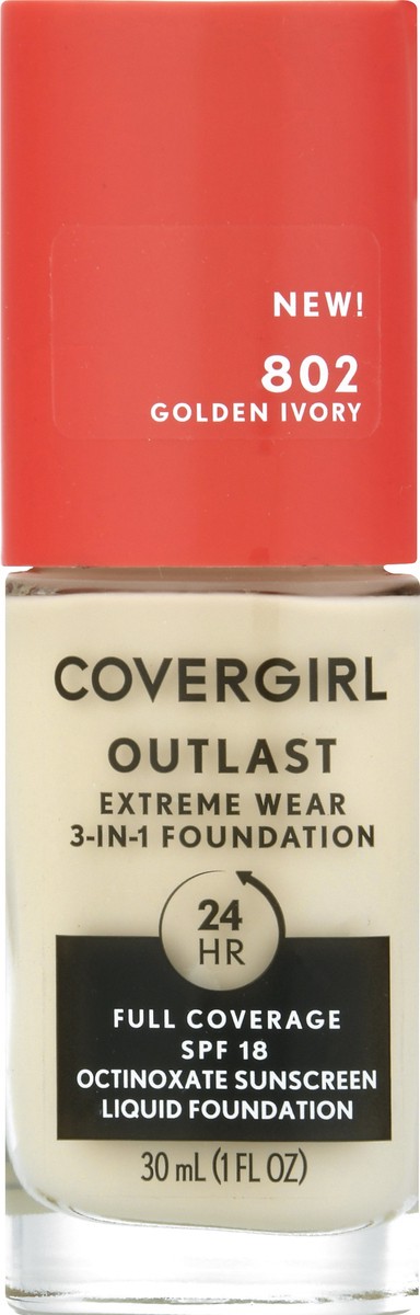 slide 9 of 12, Covergirl Outlast Extreme Wear 3-in-1 Full Coverage Liquid Foundation, SPF 18 Sunscreen, Golden Ivory, 1 Fl. Oz., 30 ml