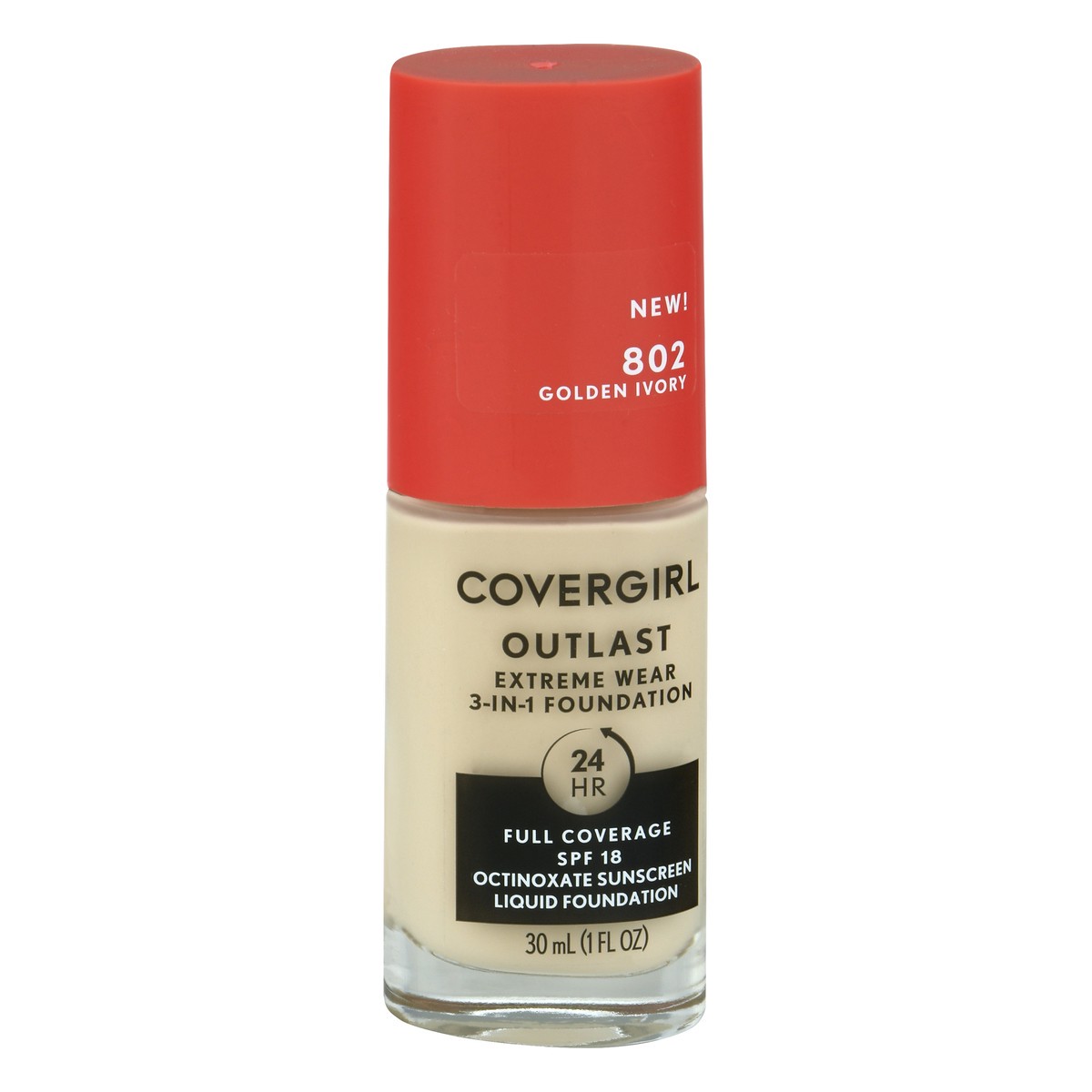 slide 8 of 12, Covergirl Outlast Extreme Wear 3-in-1 Full Coverage Liquid Foundation, SPF 18 Sunscreen, Golden Ivory, 1 Fl. Oz., 30 ml