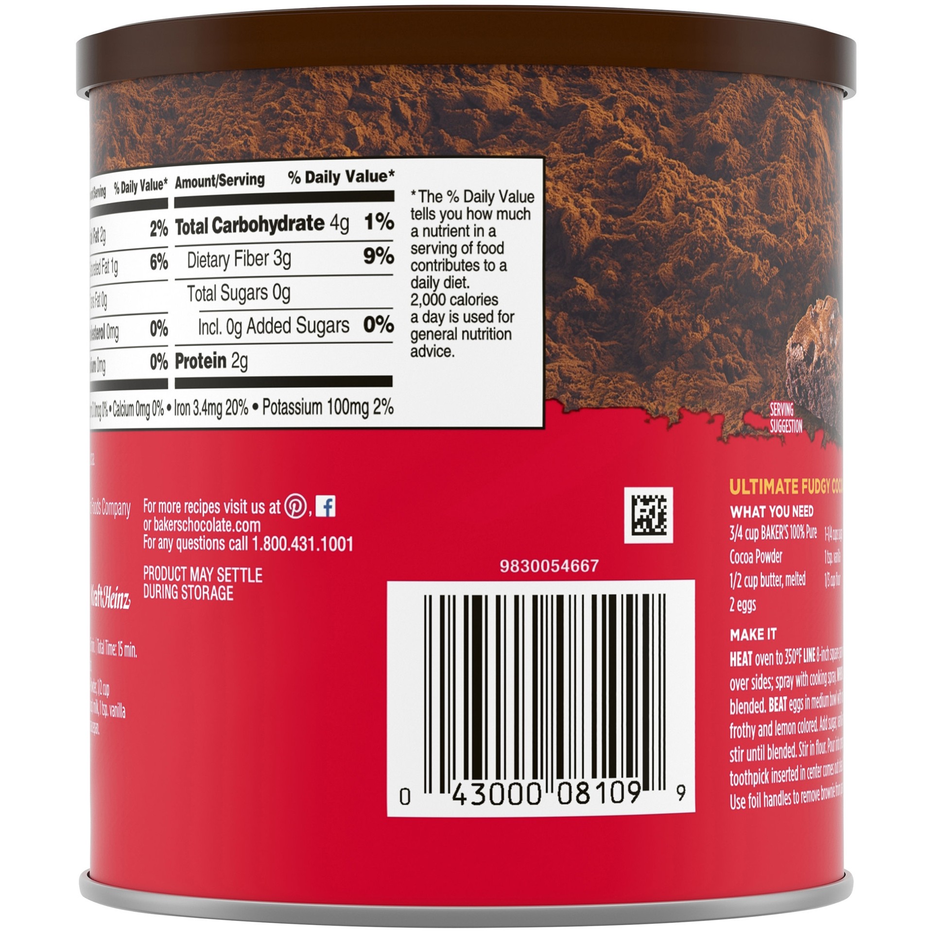 slide 5 of 5, Baker's Cocoa Powder, Natural Unsweetened 100% Pure Cocoa, 8 oz Can, 8 oz