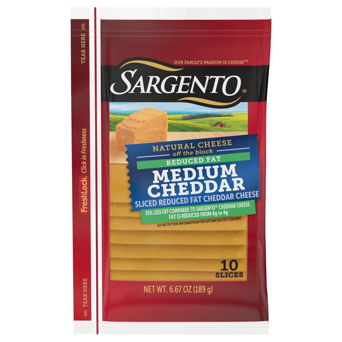 slide 1 of 4, Sargento Sliced Reduced Fat Medium Natural Cheddar Cheese, 10 Slices, 10 ct