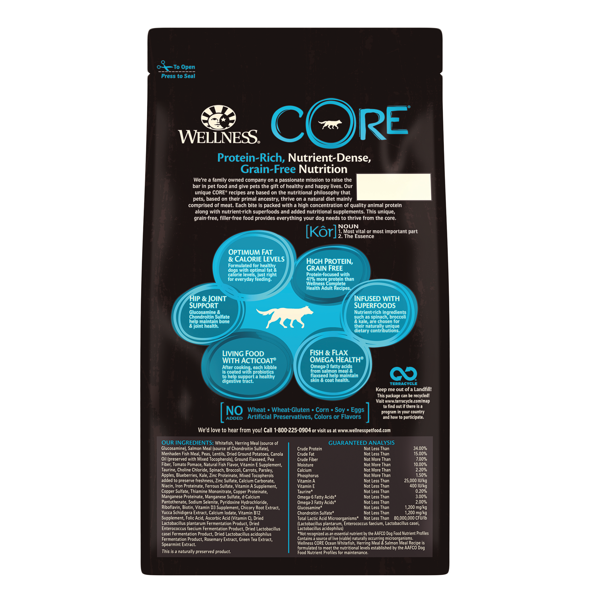 slide 4 of 5, Wellness CORE Natural Grain Free Dry Dog Food, Ocean Whitefish, Herring & Salmon, 4-Pound Bag, 1 PK