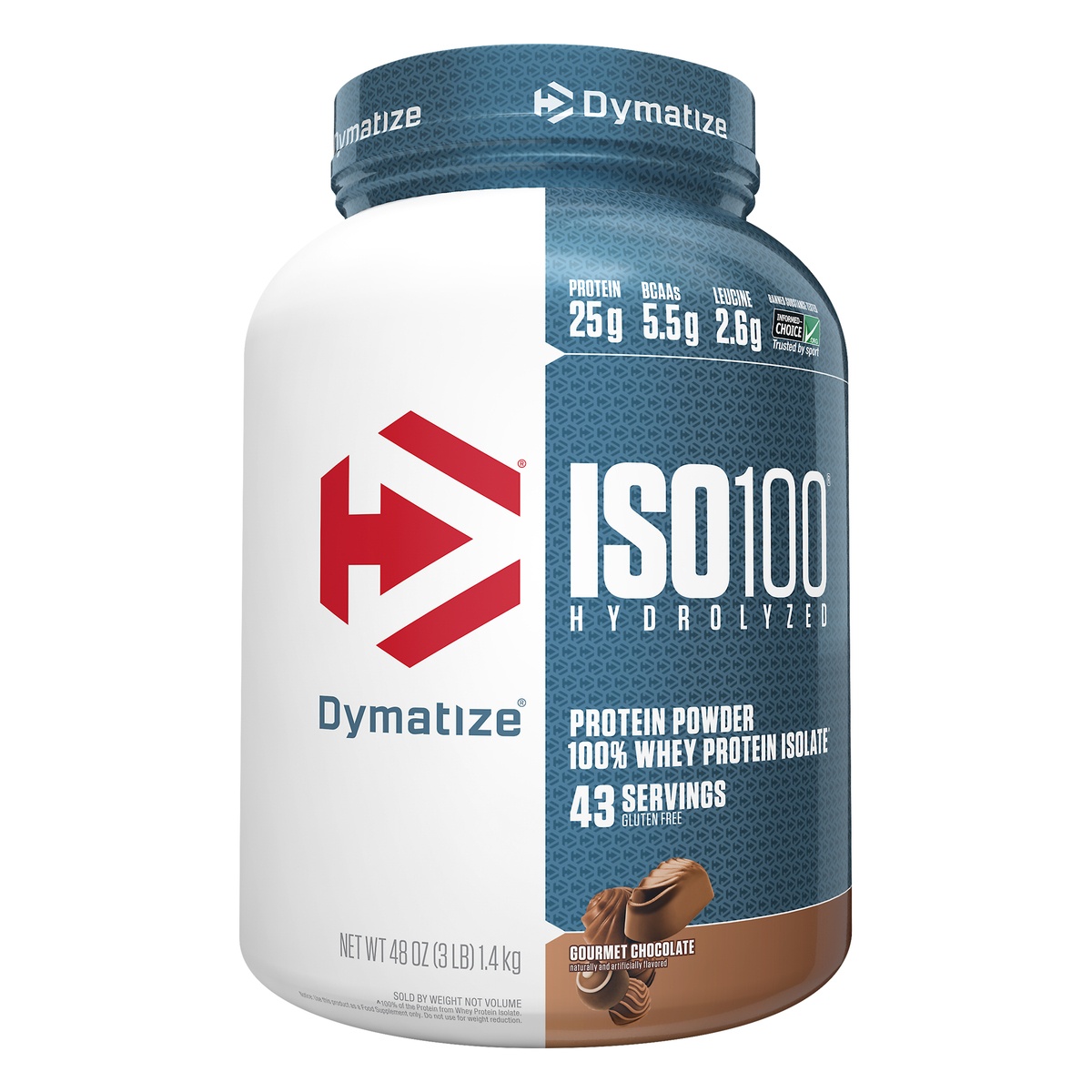 slide 1 of 5, Dymatize ISO-100 Gourmet Chocolate 100% Hydrolyzed Whey Protein Isolate, 3 lb