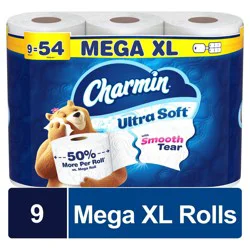 Charmin Toilet Paper Ultra Soft, 9 Mega XL Rolls, 2-ply Bath Tissue