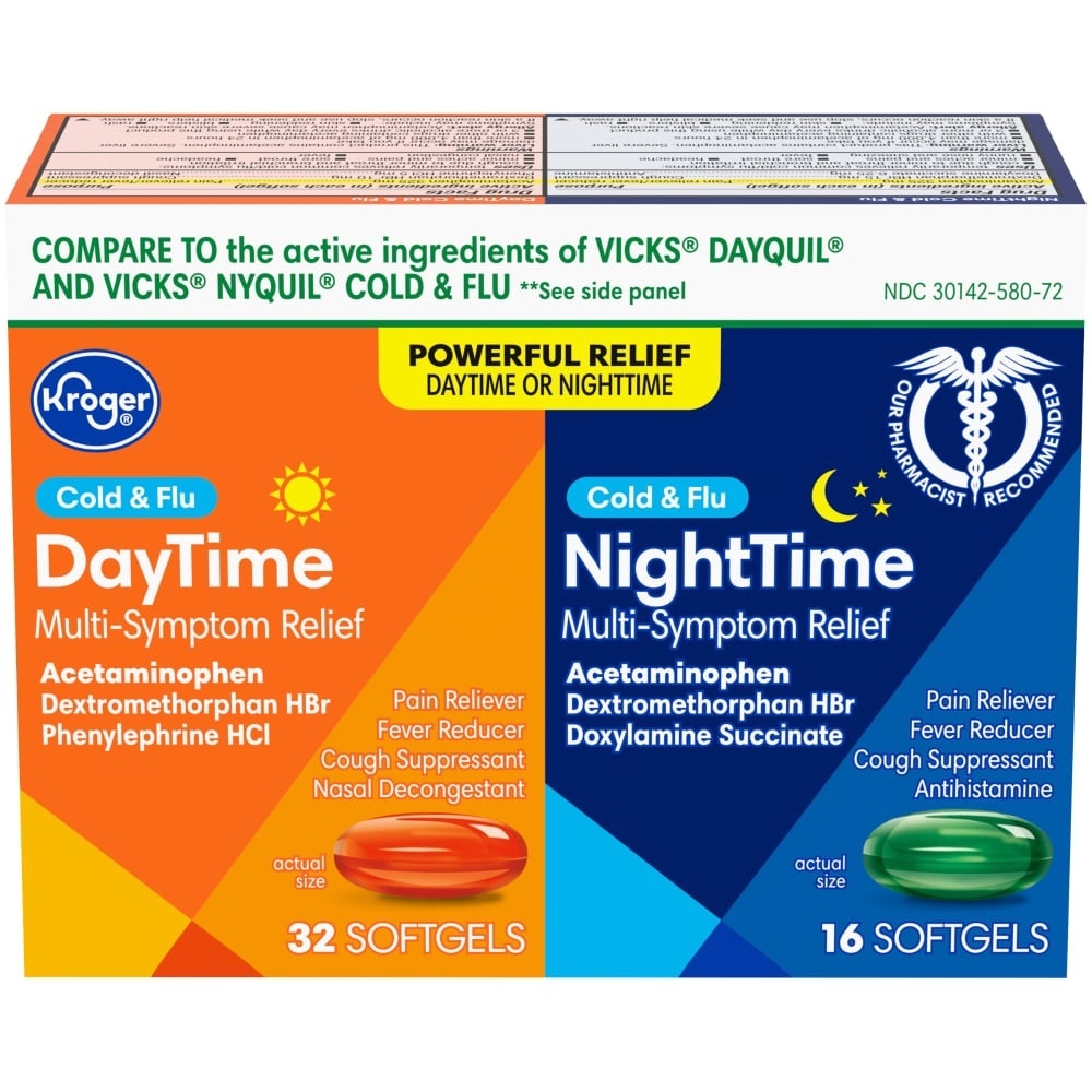 slide 1 of 1, Kroger Multi-Symptom Daytime/Nitetime Cold & Flu Softgels Combo, 48 ct