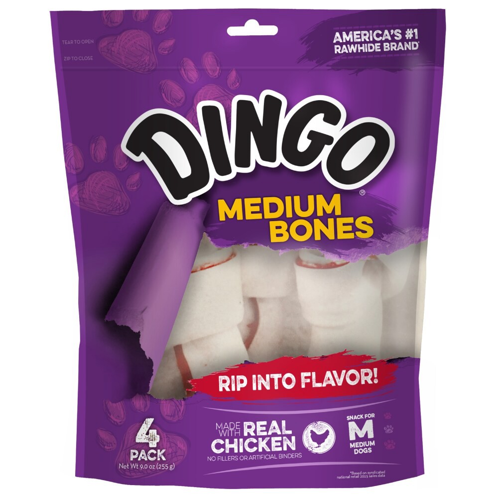 slide 1 of 3, Dingo Medium Bone Meat and Rawhide Chew Value Bag, 4 ct