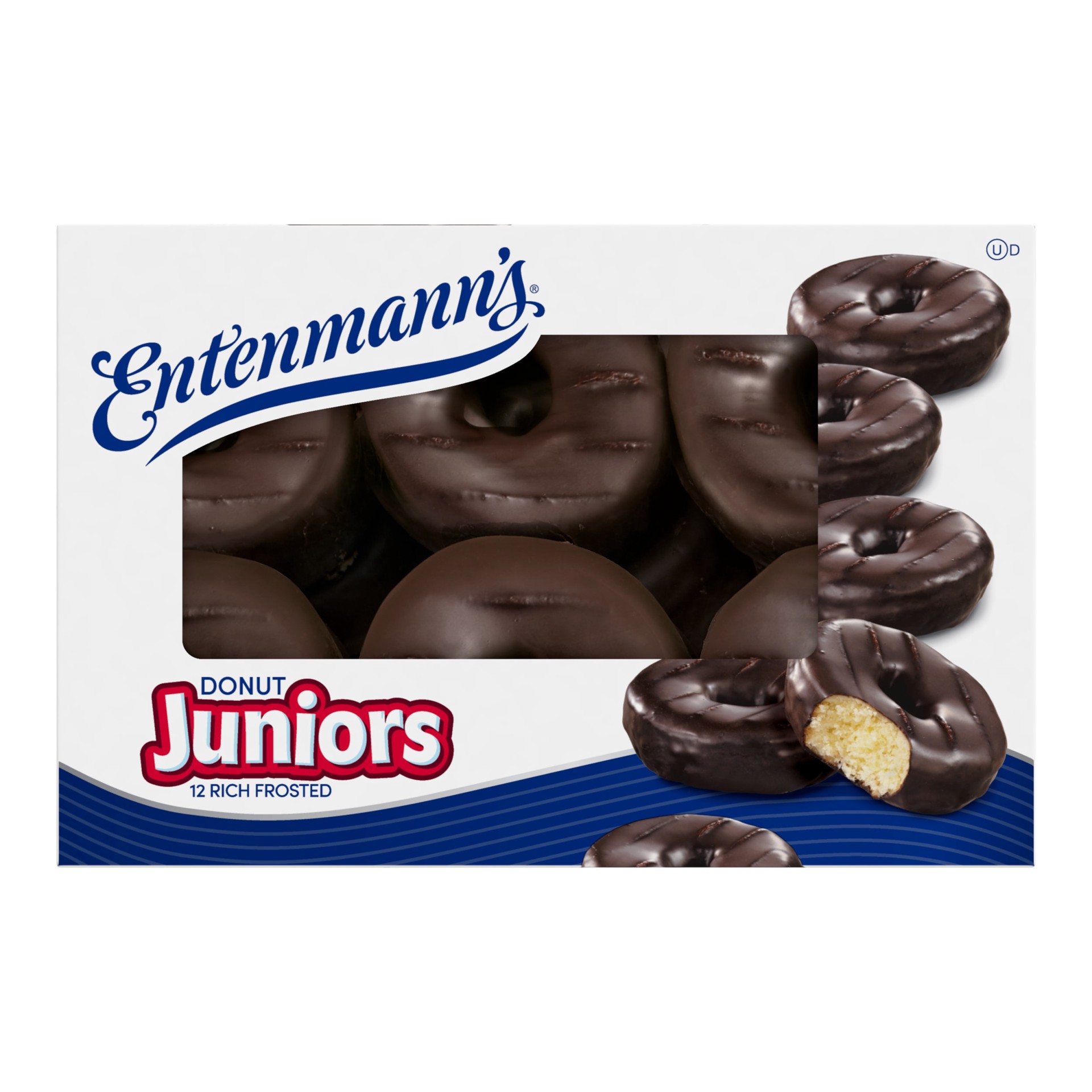 slide 1 of 44, Entenmann's Rich Frosted Donut Juniors, 12 count, Soft Chocolate Donuts, 14 oz Box, 12 ct