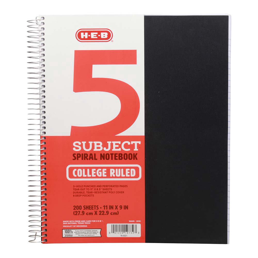 slide 1 of 1, H-E-B Black 5 Subject College Rule Spiral Notebook, 200 ct