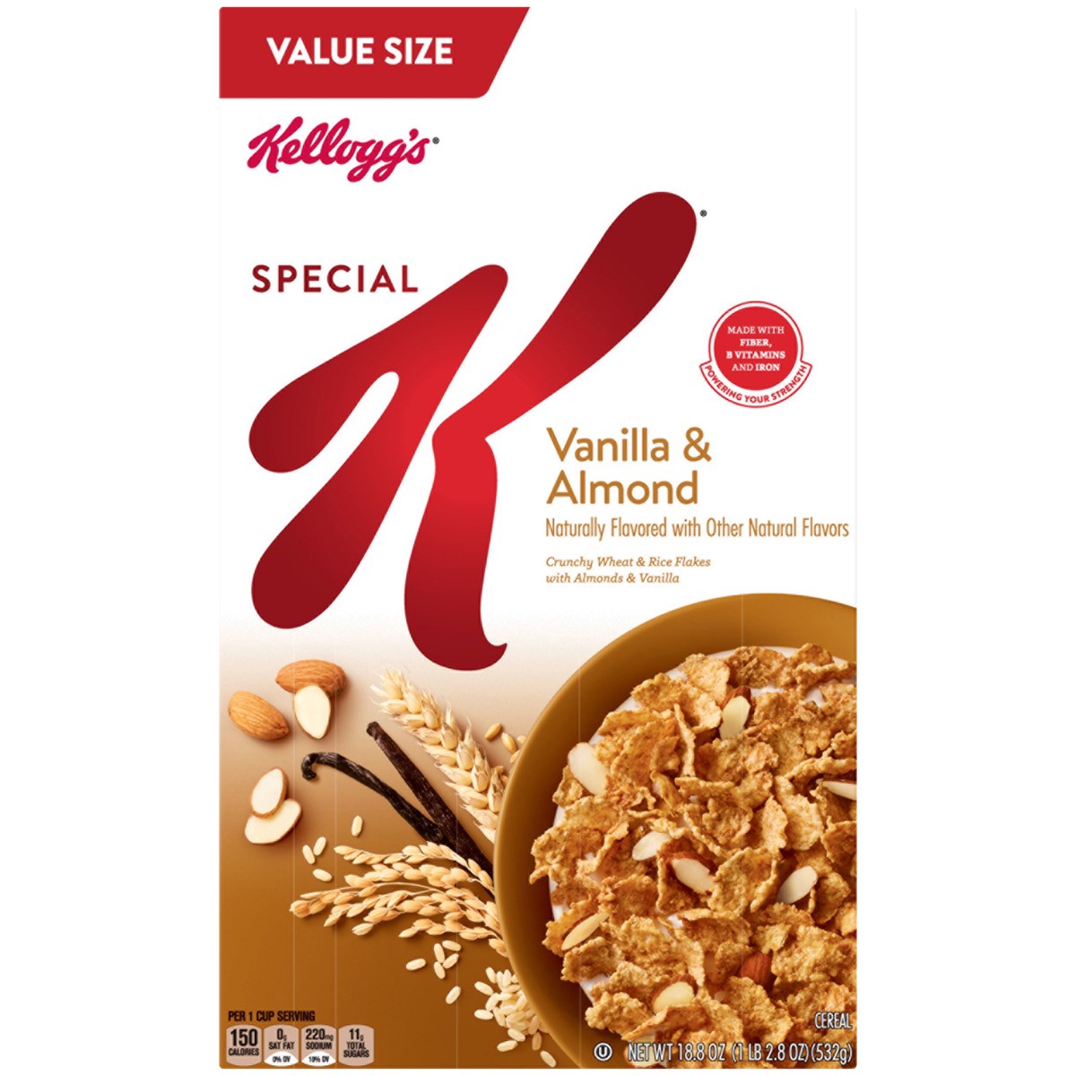 slide 1 of 5, Special K Kellogg''s Special K Breakfast Cereal, 11 Vitamins and Minerals, Made with Real Almonds, Family Size, Vanilla and Almond, 18.8oz Box, 1 Box, 18.8 oz