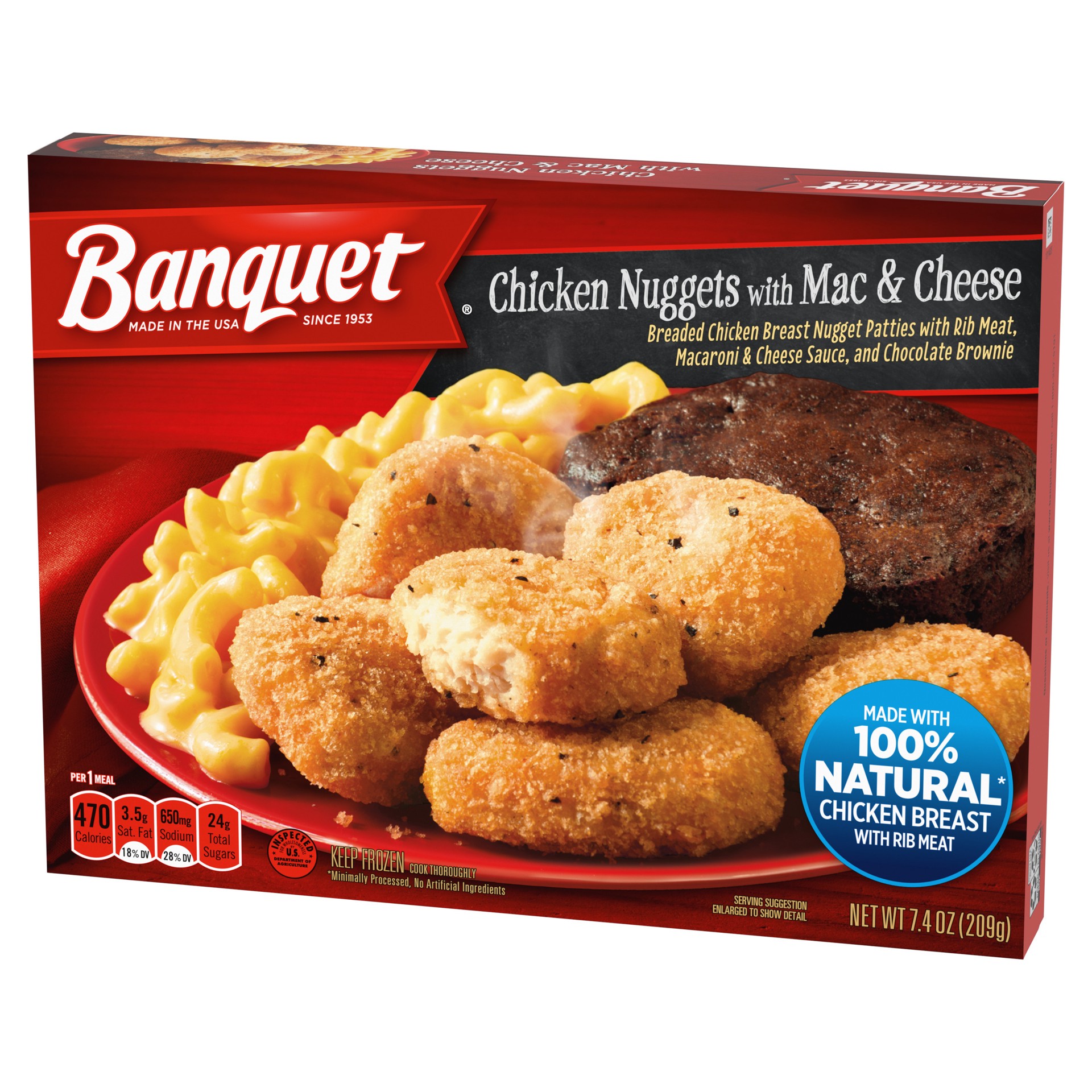 slide 3 of 5, Banquet Chicken Nuggets with Mac and Cheese and Brownie Frozen Single Serve Meal, 7.4 Ounce, 7.4 oz