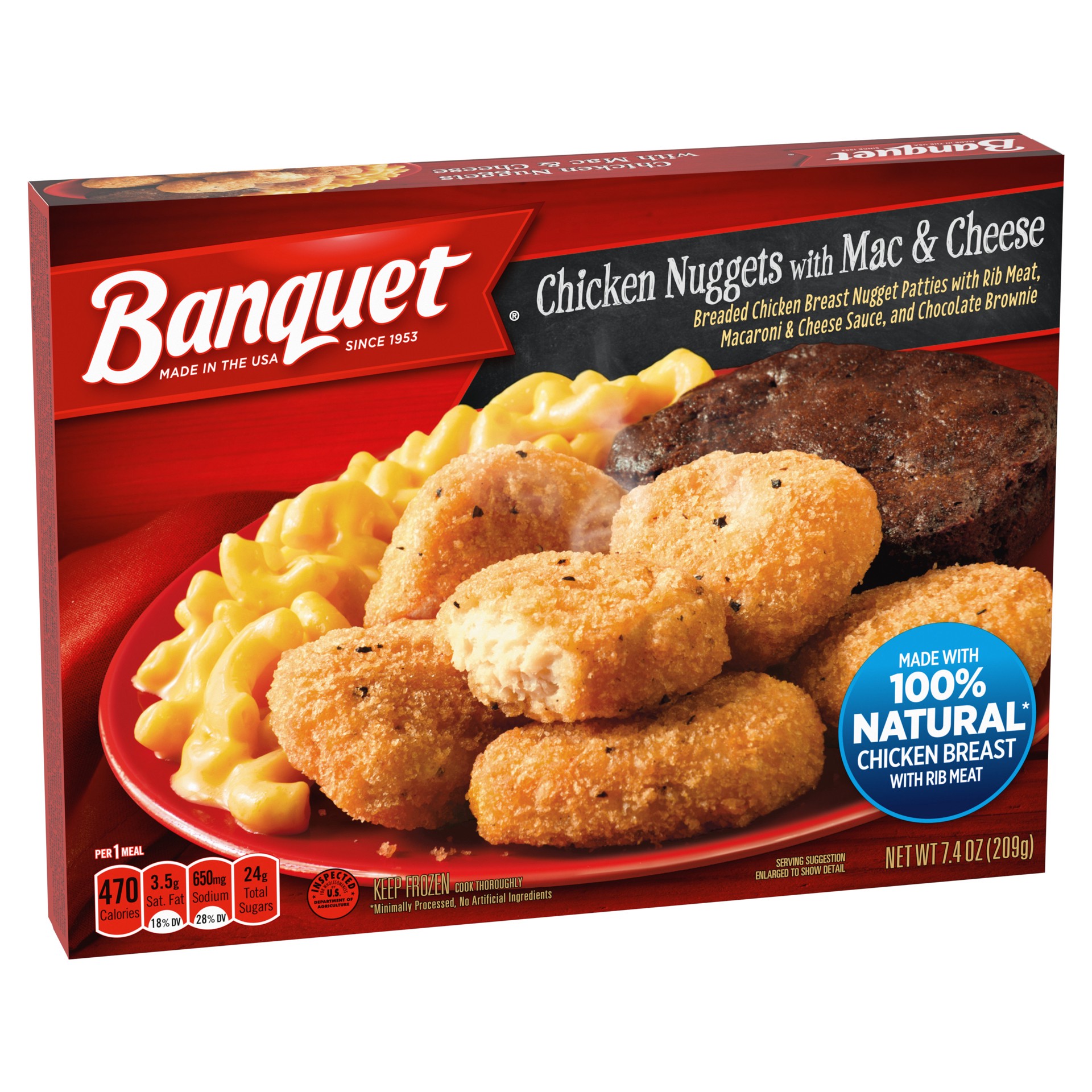 slide 4 of 5, Banquet Chicken Nuggets with Mac and Cheese and Brownie Frozen Single Serve Meal, 7.4 Ounce, 7.4 oz