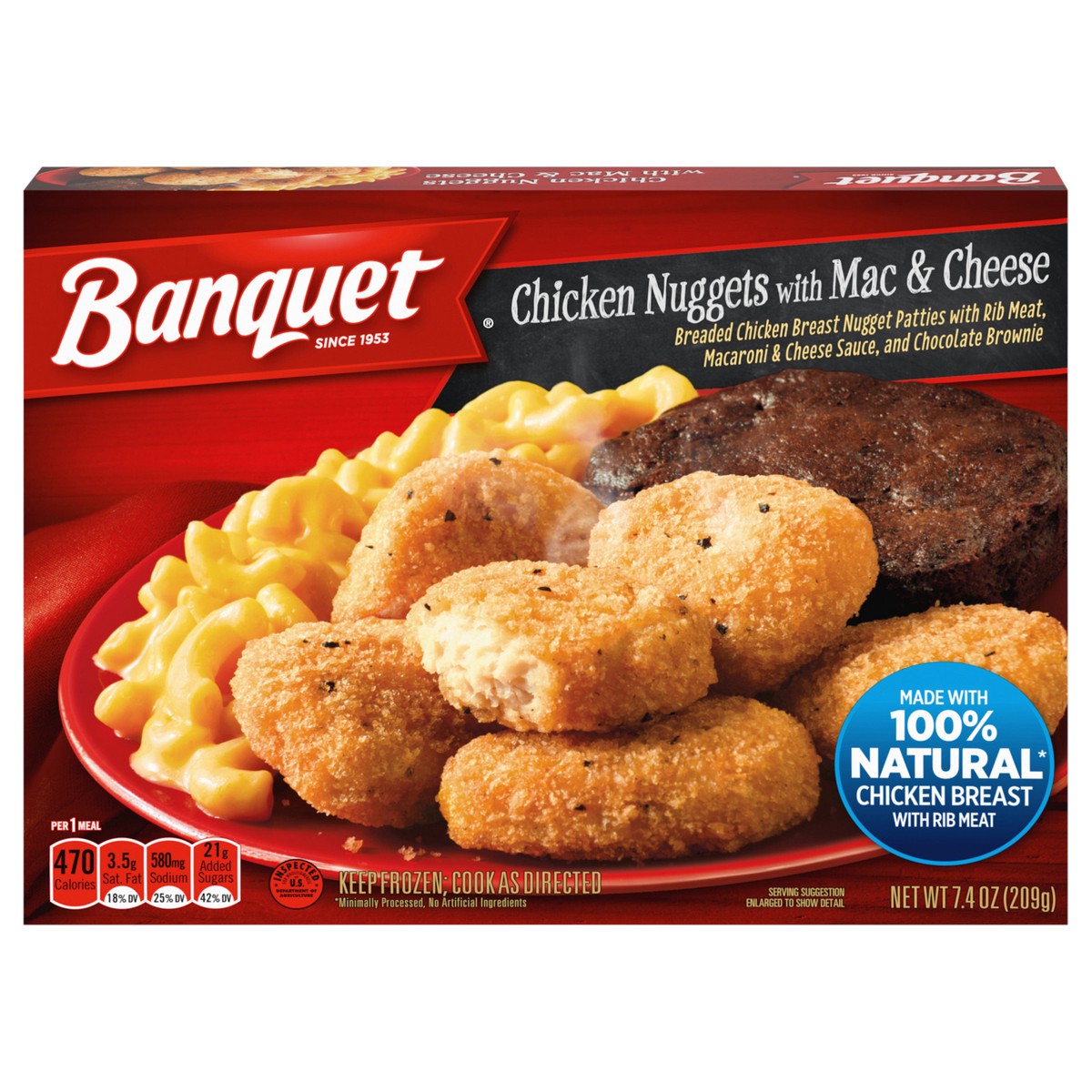 slide 1 of 5, Banquet Chicken Nuggets with Mac and Cheese and Brownie Frozen Single Serve Meal, 7.4 Ounce, 7.4 oz