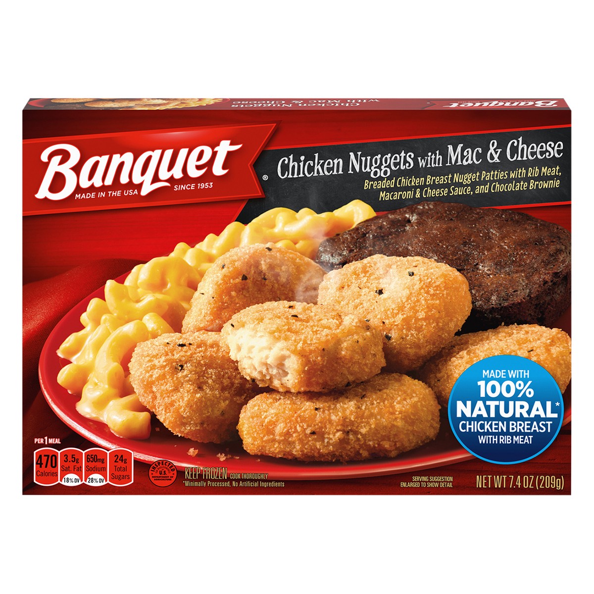 slide 1 of 5, Banquet Chicken Nuggets with Mac and Cheese and Brownie Frozen Single Serve Meal, 7.4 Ounce, 7.4 oz