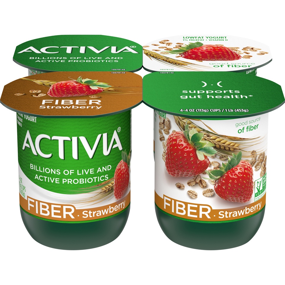 slide 2 of 8, Dannon Activia Fiber Blended Strawberry & Cereal Lowfat Probiotic Yogurt, 4 ct; 4 oz