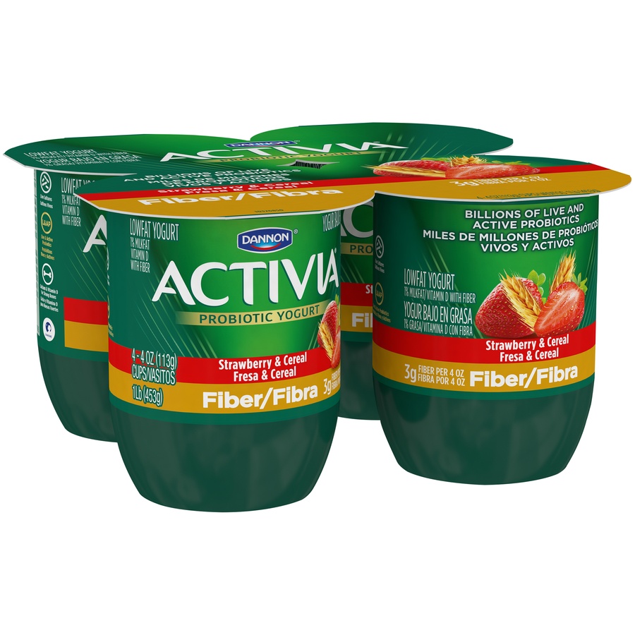 slide 3 of 8, Dannon Activia Fiber Blended Strawberry & Cereal Lowfat Probiotic Yogurt, 4 ct; 4 oz