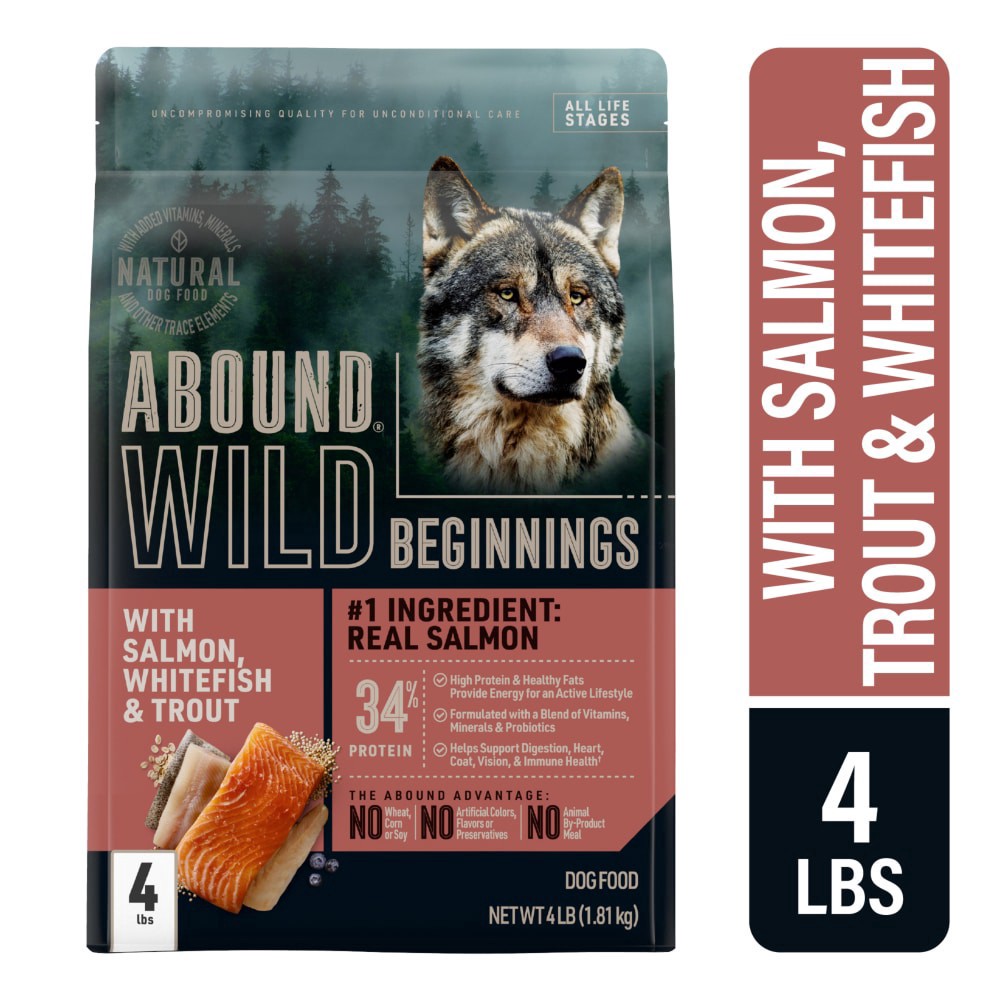 slide 5 of 6, Abound Wild Beginnings With Salmon Whitefish & Trout Dry Dog Food, 4 lb