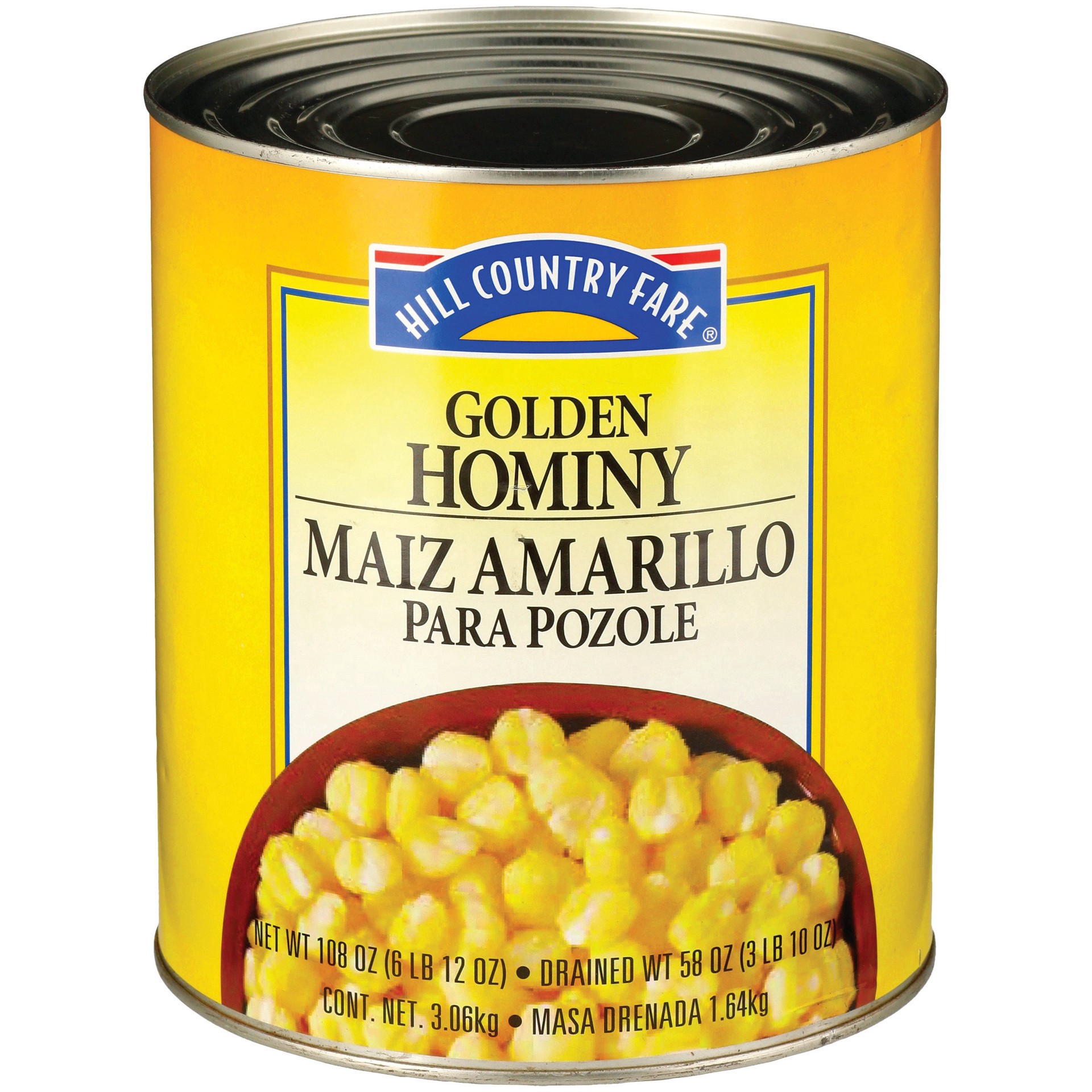 slide 1 of 1, Hill Country Fare Golden Hominy, 108 oz