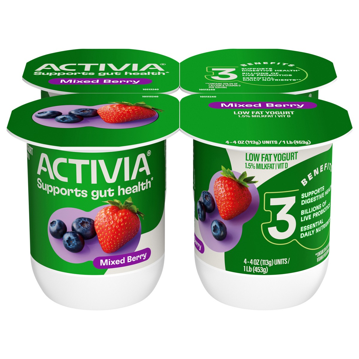 slide 1 of 7, Activia Mixed Berry Probiotic Yogurt, Low Fat Yogurt Cups, 4 OZ, 4 Ct, 4 ct
