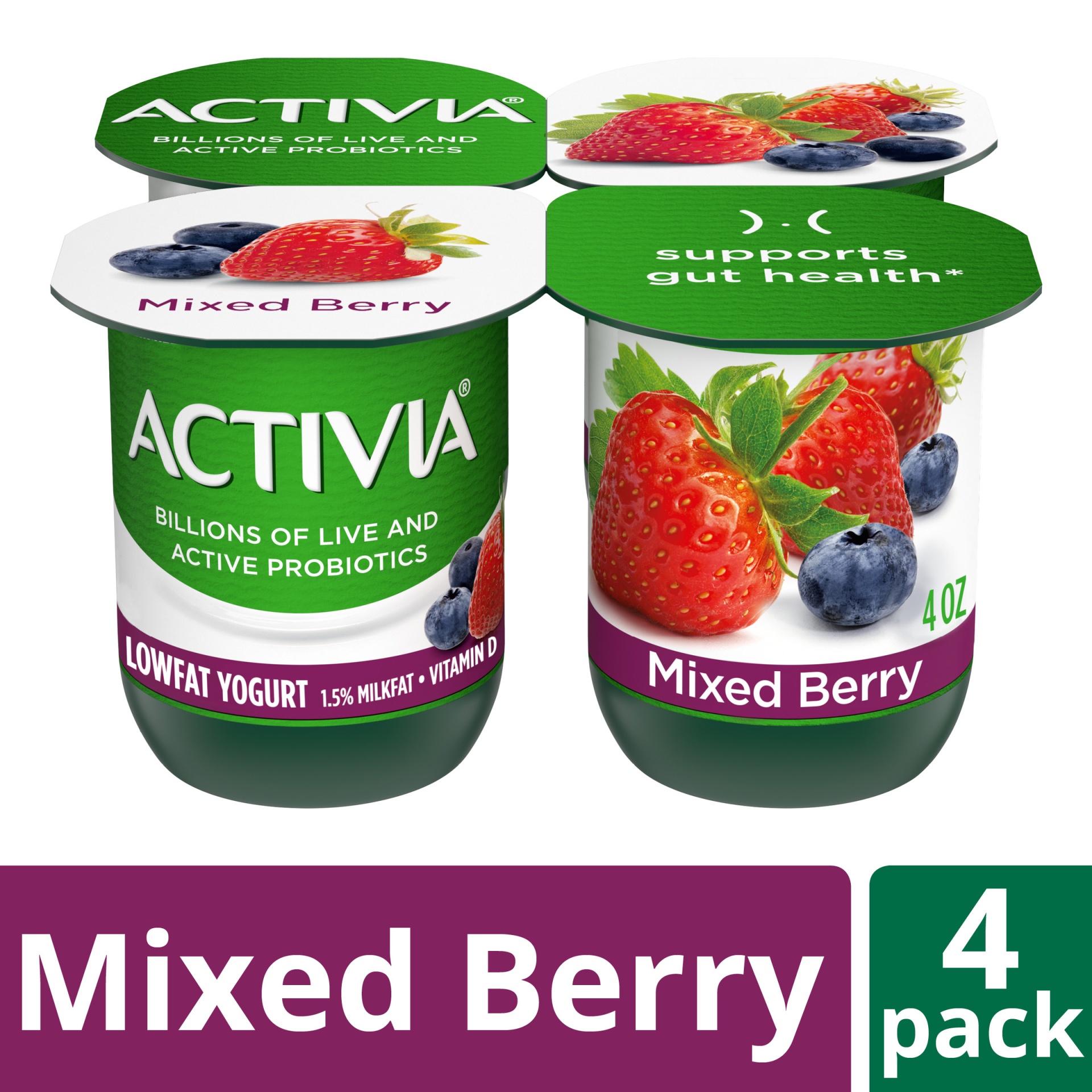 slide 1 of 7, Activia Low Fat Probiotic Mixed Berry Yogurt Cups, 4 oz