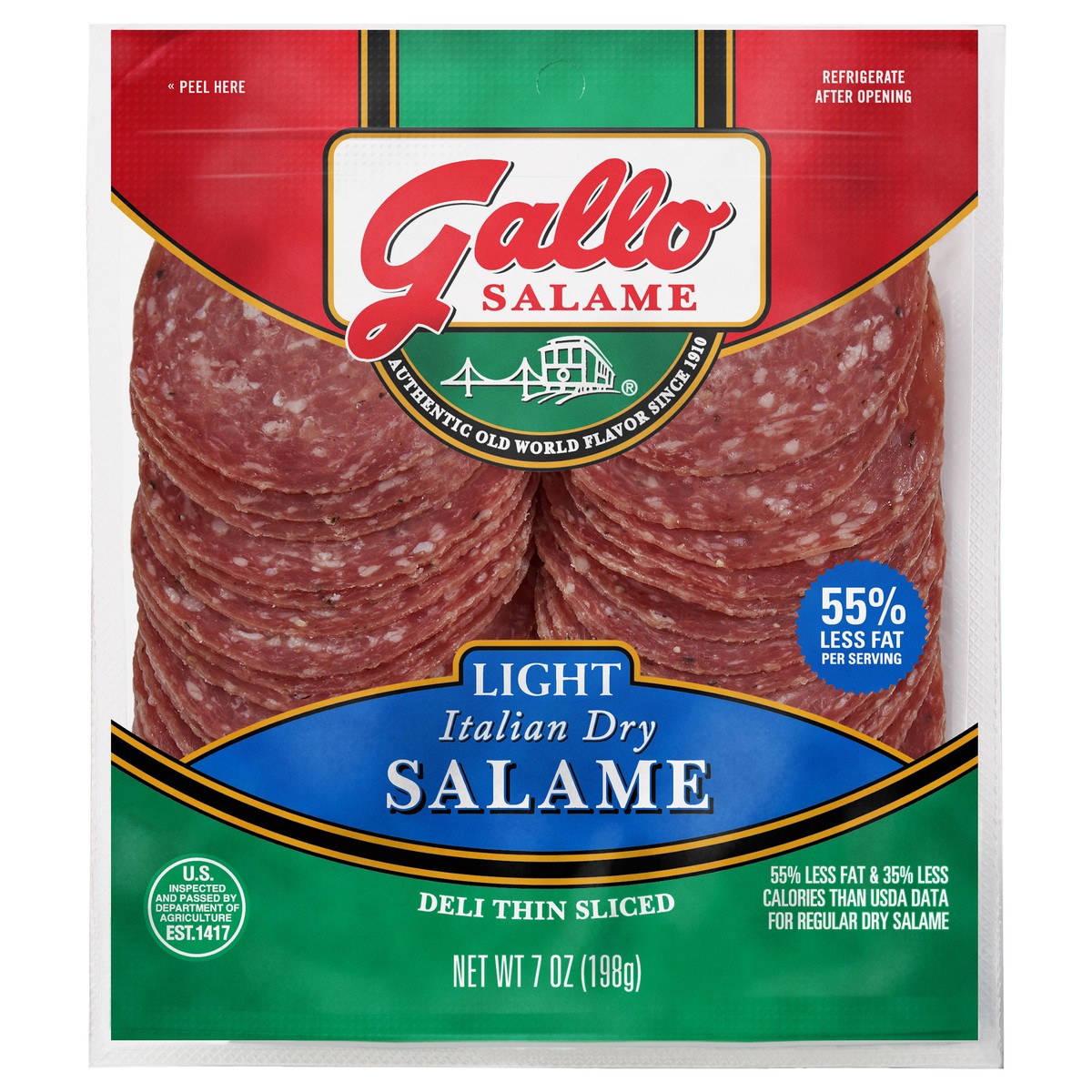 slide 1 of 3, Gallo Salame Deli Thin Sliced Light Italian Dry Salami Lunch Meat, 7 oz, 198.45 g