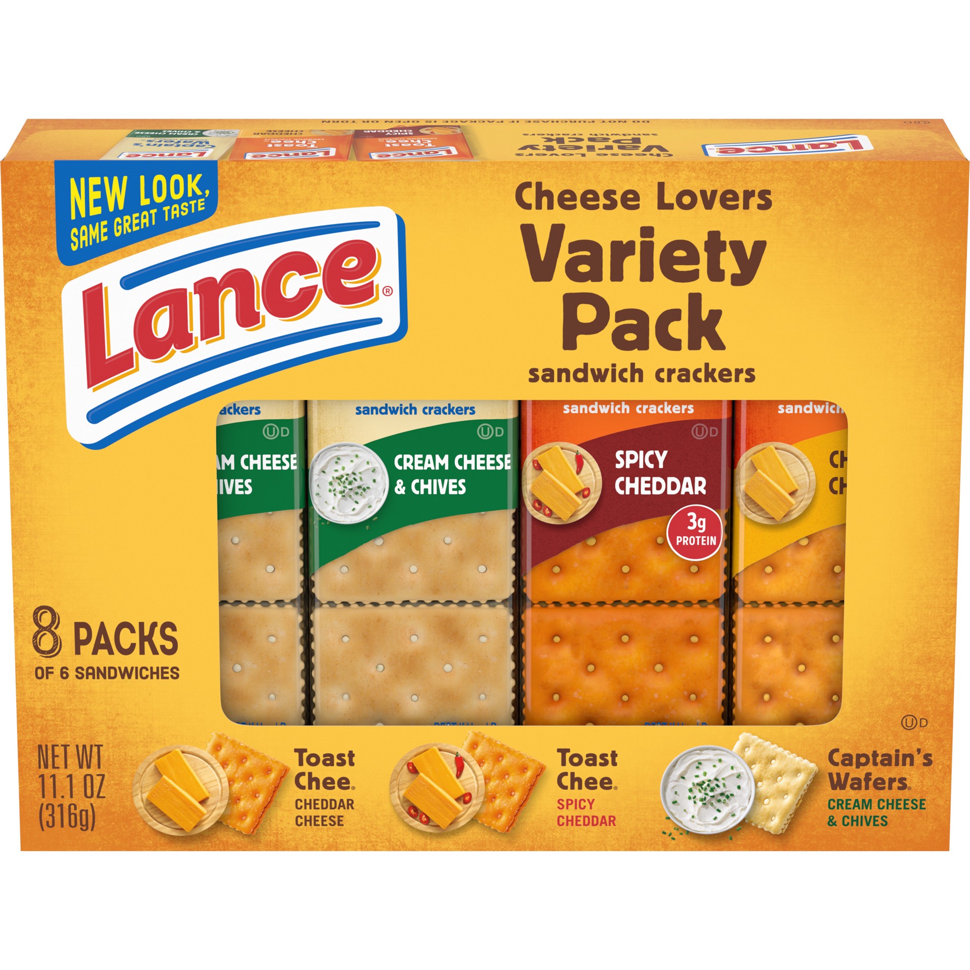 slide 1 of 5, Lance Sandwich Crackers, Cheese Lovers Variety Pack, 8 Individual Packs, 6 Sandwiches Each, 11.1 oz