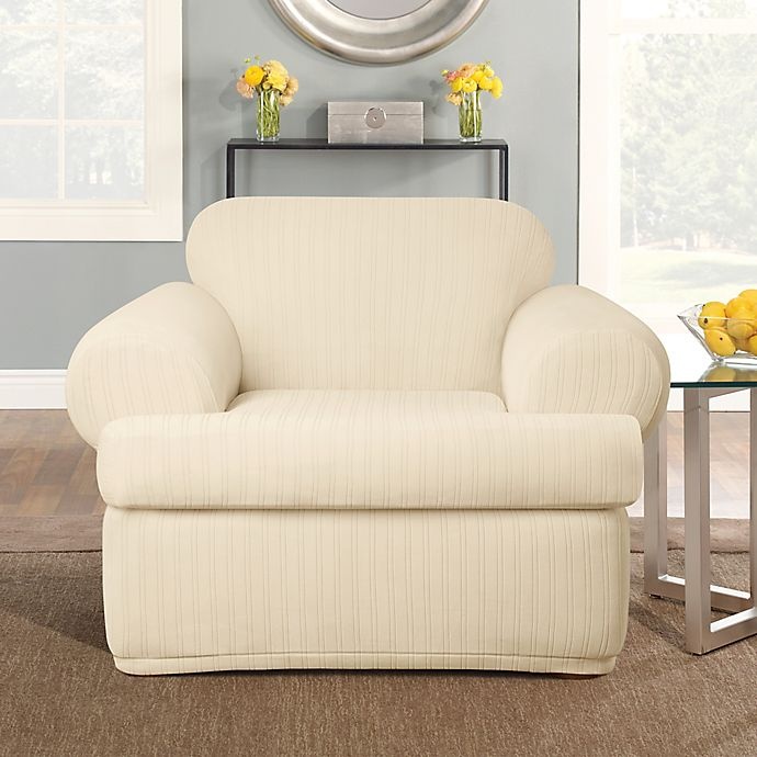slide 1 of 1, SureFit Home Decor Stretch Pinstripe T-Cushion Chair Slipcover - Cream, 2 ct