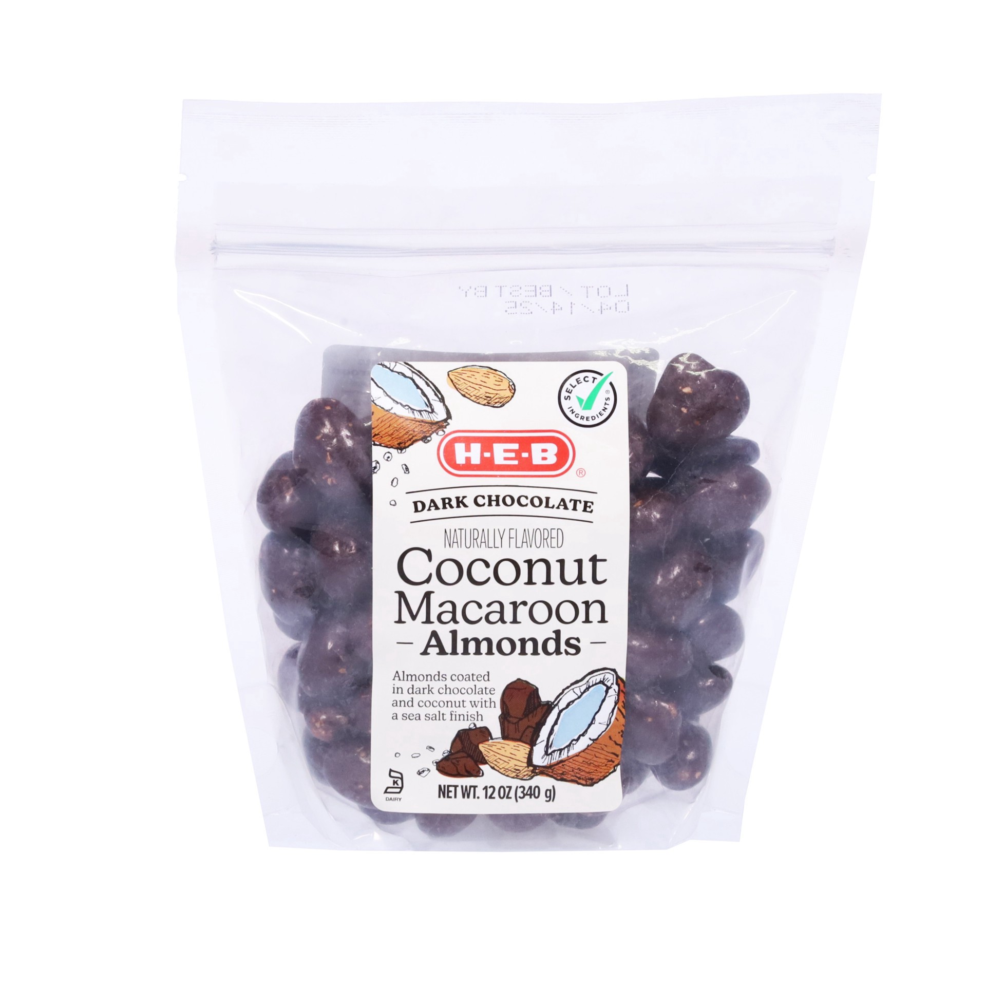 slide 1 of 1, H-E-B Dark Chocolate Coconut Macaroon Almonds, 12 oz
