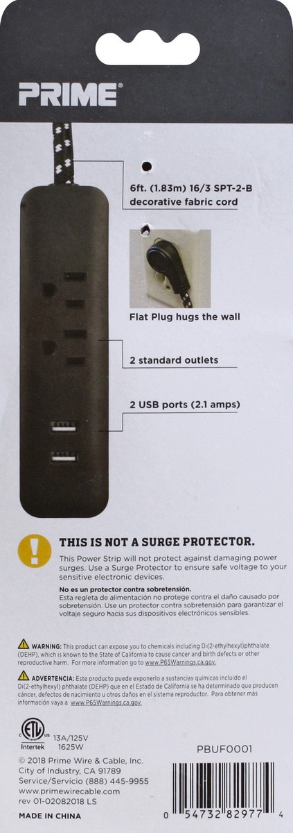 slide 4 of 7, Prime Cord Power Strip With USB Charger - Black, 1 ct