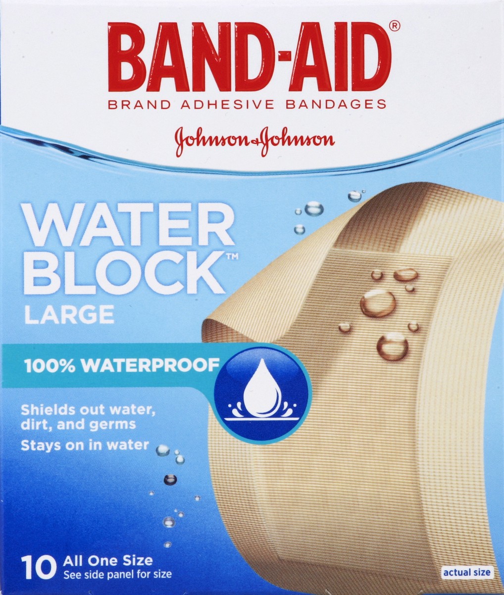 slide 4 of 5, BAND-AID 100% Waterproof Large Band-Aid Brand Water Block Plus Adhesive Bandages for Wound Care of Minor Cuts and Scrapes, 10 ct