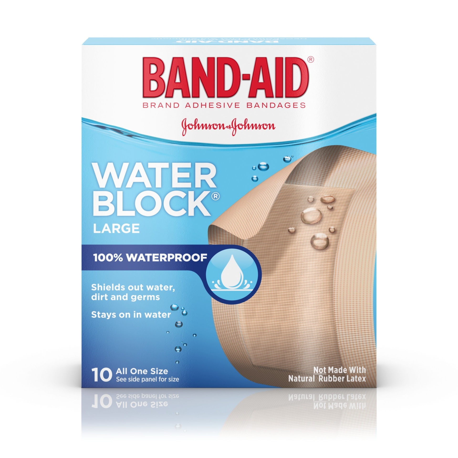 slide 1 of 1, 100% Waterproof Large Band-Aid Brand Water Block Plus Adhesive Bandages for Wound Care of Minor Cuts and Scrapes, 10 ct