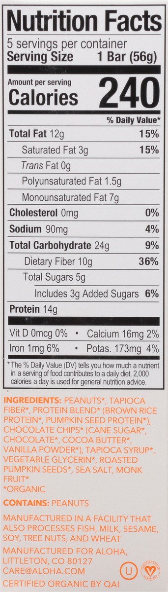 slide 3 of 13, Aloha Peanut Butter Chocolate Chip Protein Bars 5 - 1.98 oz Bars, 5 ct