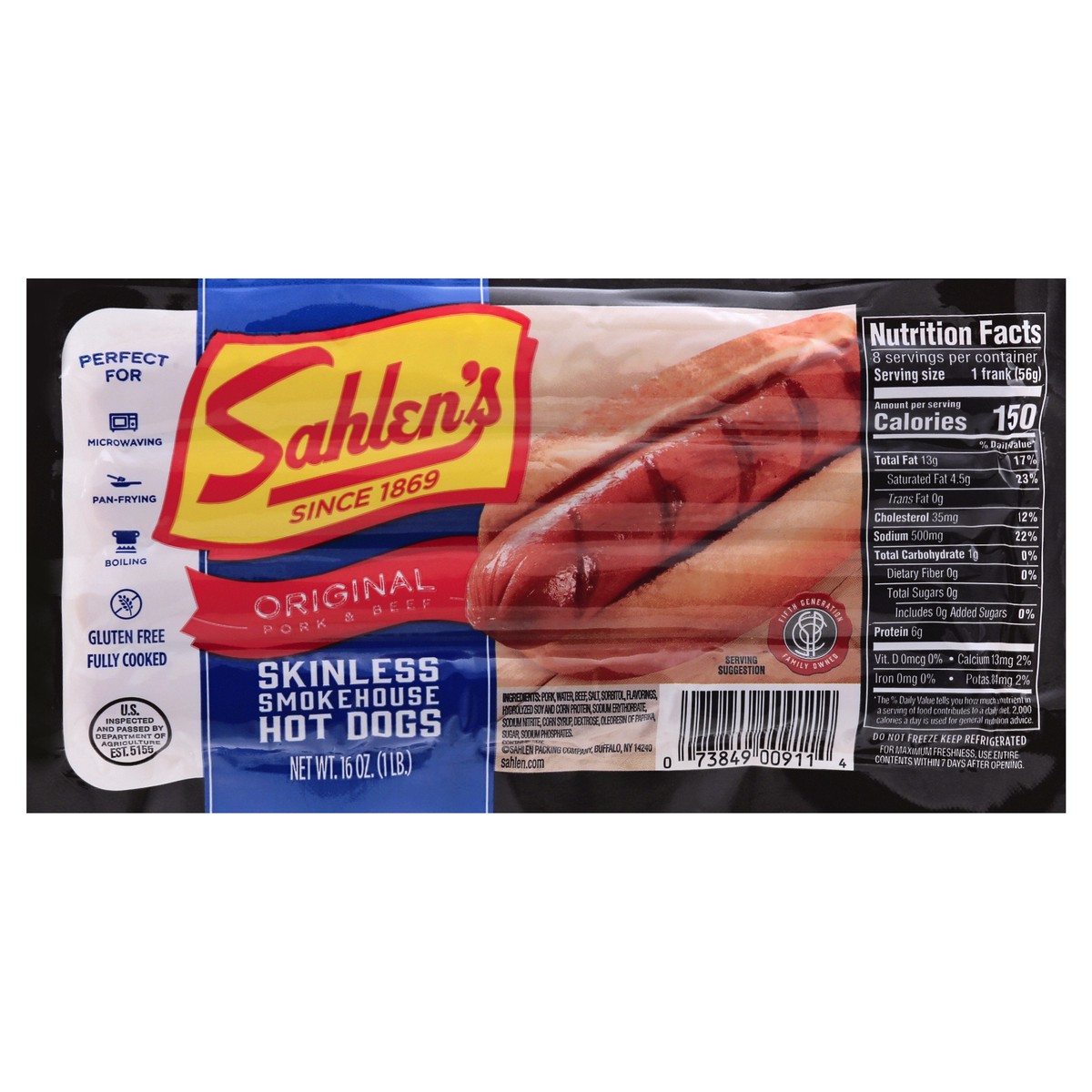 slide 3 of 4, Sahlen's Smokehouse Skinless Original Pork & Beef Hot Dogs 16 oz, 16 oz