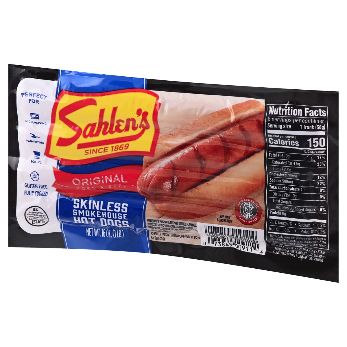 slide 2 of 4, Sahlen's Smokehouse Skinless Original Pork & Beef Hot Dogs 16 oz, 16 oz