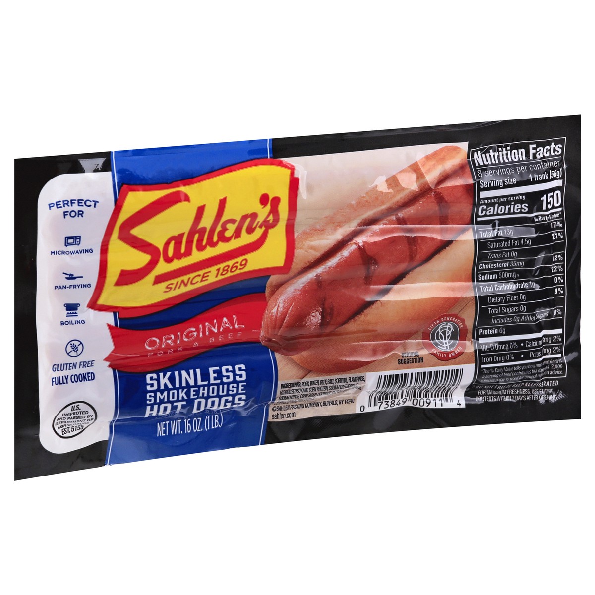 slide 4 of 4, Sahlen's Smokehouse Skinless Original Pork & Beef Hot Dogs 16 oz, 16 oz