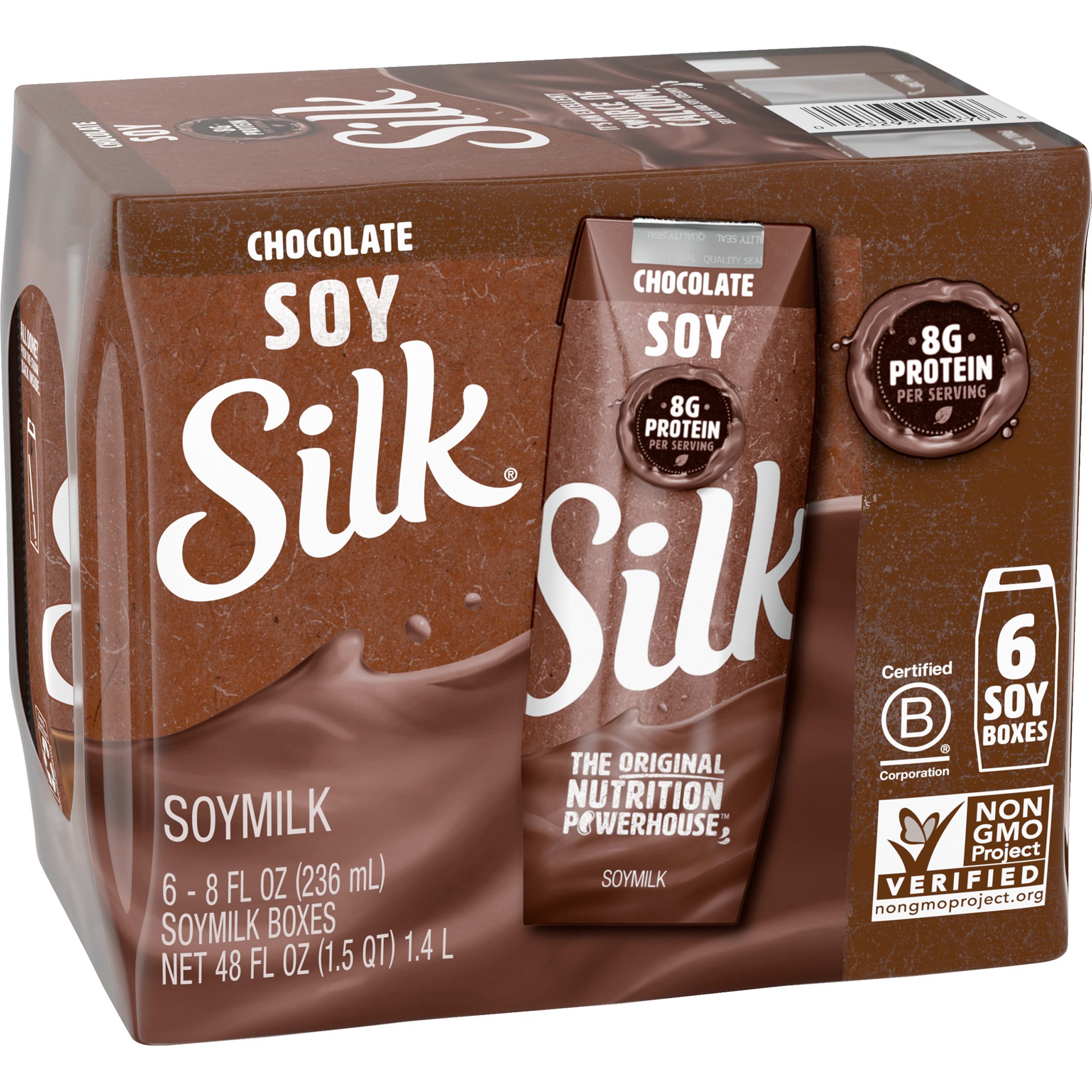 slide 4 of 5, Silk Soy Milk, Chocolate, Shelf Stable, Dairy Free, Lactose Free, Vegan Milk with 8g Protein per Serving, 8 FL OZ Carton, 6 Ct, 8 fl oz