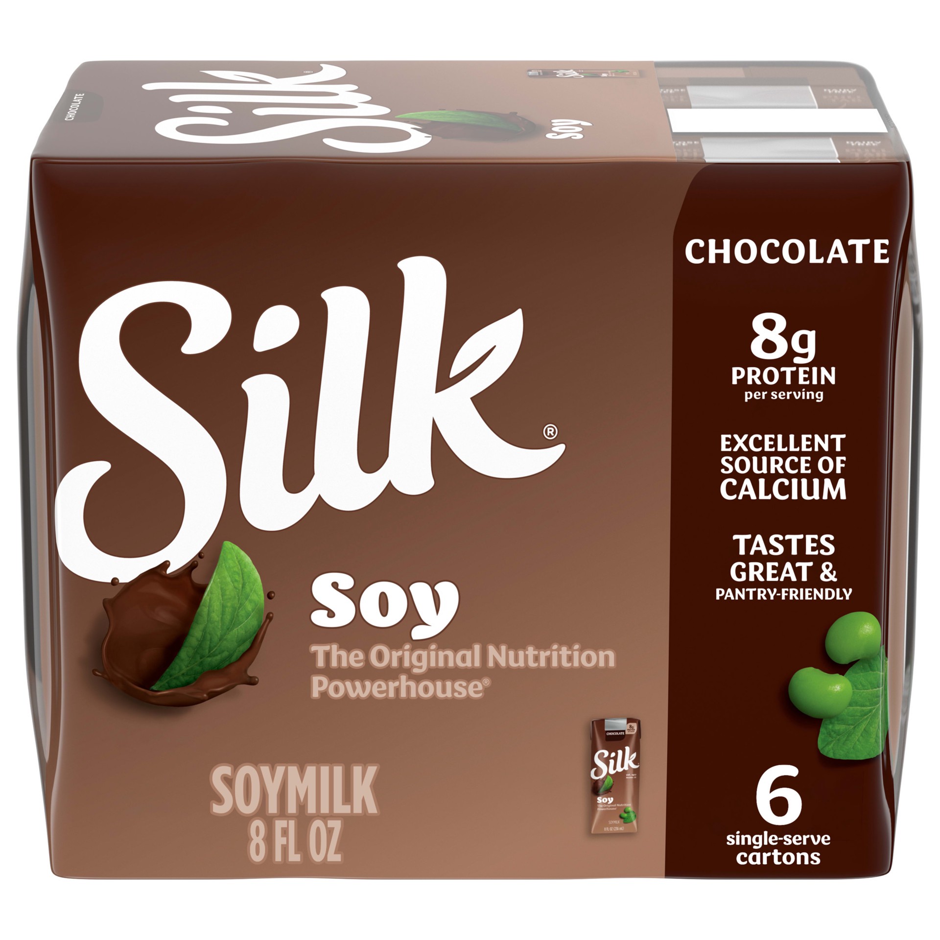 slide 1 of 5, Silk Soy Milk, Chocolate, Shelf Stable, Dairy Free, Lactose Free, Vegan Milk with 8g Protein per Serving, 8 FL OZ Carton, 6 Ct, 8 fl oz